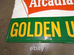 Vintage Arcadian Golden Uran Tin Metal Seed Crop Fertillizer Farm Sign