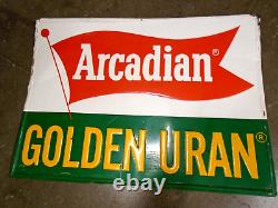 Vintage Arcadian Golden Uran Tin Metal Seed Crop Fertillizer Farm Sign