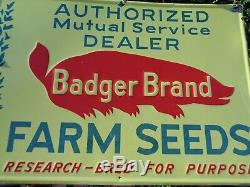 Vintage BADGER BRAND FARM SEEDS Sign AUTHORIZED SERVICE DEALER Tin Tacker