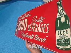 Vintage BUDD Ginger Ale Soda Tin Advertising Sign 36 x 12