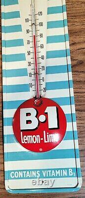 Vintage B-1 B1 Lemon Lime Soda Embossed Button Logo Tin Thermometer Sign