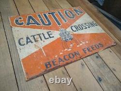 Vintage Beacon Feeds Cattle Crossing Tin Embossed Sign