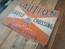 Vintage Beacon Feeds Cattle Crossing Tin Embossed Sign