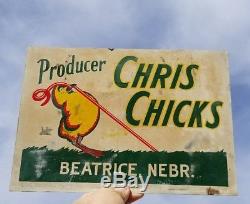 Vintage Beatrice Nebraska ad tin sign Chris Chick egg bird farm old worm chicken