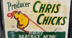 Vintage Beatrice Nebraska ad tin sign Chris Chick egg bird farm old worm chicken