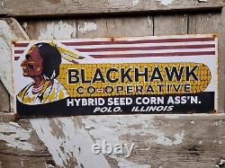 Vintage Blackhawk Seed Sign Tin Tacker Farm Corn Barn Indian USA Oil Gas Service