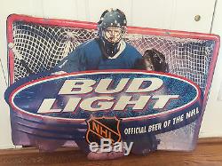 Vintage Bud Light Beer Tin Metal Sign NHL Hockey Goalie Man Cave RARE 28x36