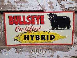 Vintage Bullseye Sign Old Hybrid Corn Feed Metal Tin Farming Gas Oil Advertising