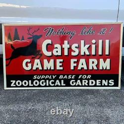 Vintage CATSKILL GAME FARM Embossed Tin Sign Wood Frame Advertising Gas & Oil