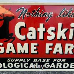 Vintage CATSKILL GAME FARM Embossed Tin Sign Wood Frame Advertising Gas & Oil