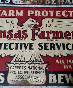 Vintage Capper's Farmer Protective Service Metal Tin Sign & Kansas Farmer sign