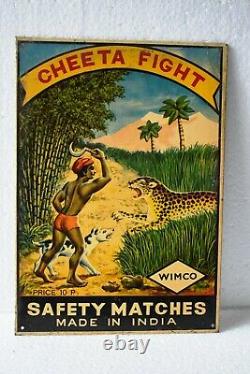 Vintage Cheeta Fight Hunting Wimco Safety Matches Advertising Tin Sign Rare Ad2