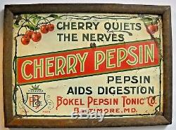 Vintage Cherry Pepsin Tin General Store Sign In Wood Frame Bokel Pepsin Tonic