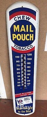 Vintage Chew Mail Pouch Tobacco Metal Tin Thermometer Sign, 38 x 8.5