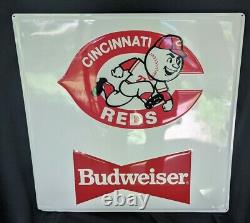 Vintage Cincinnati Reds Budweiser Beer Metal Tin Stout Sign 22x22 MLB 1990