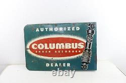 Vintage Columbus Shocks Flange Dealer Garage Tin Double Sided Sign Gas Oil
