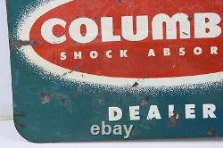 Vintage Columbus Shocks Flange Dealer Garage Tin Double Sided Sign Gas Oil