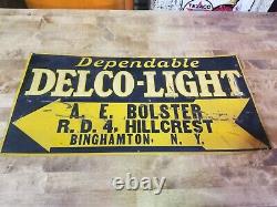 Vintage DELCO-LIGHT Sign Tin Tacker Embossed Binghamton NY
