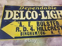 Vintage DELCO-LIGHT Sign Tin Tacker Embossed Binghamton NY