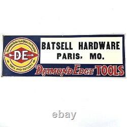 Vintage DIAMOND EDGE TOOLS EMBOSSED Metal Sign PARIS, MO. Tin Tacker Hardware