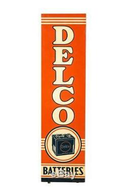 Vintage Delco Batteries HUGE Tin Sign on a Wooden Frame, 70.5 inches tall by 18