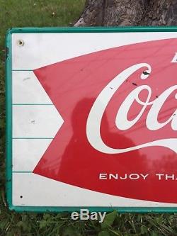 Vintage Drink COCA COLA Fishtail Bottle Tin Self Framed Store Advertising Sign