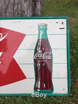 Vintage Drink COCA COLA Fishtail Bottle Tin Self Framed Store Advertising Sign