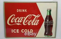 Vintage Drink Coca Cola Ice Cold Painted Tin Arrow Coke Bottle Sign #2 MCA 28x20