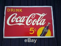 Vintage Drink Coca Cola Metal Tin Sign. 5 cent. Yellow Dot. 27x18