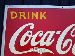 Vintage Drink Coca Cola Metal Tin Sign. 5 cent. Yellow Dot. 27x18