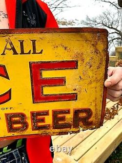 Vintage Early Ace Ginger Beer Metal Tin Tacker Embossed sign With Bottle Graphic