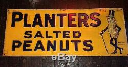 Vintage Early Original Tin Embossed Planters Peanuts Sign