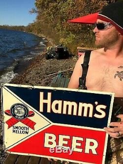 Vintage Early Rare Hamms Beer Smooth Mellow Embossed Tin Metal Sign 24X18