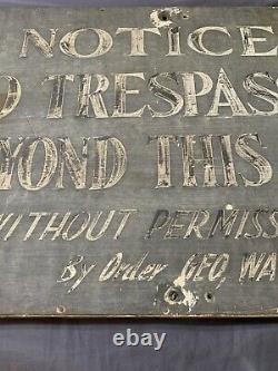 Vintage Early Rare Primitive Hand Painted No Trespassing Tin on Wood Frame Sign