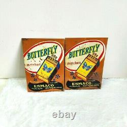 Vintage Esmaco Butterfly Safety Matches Advertising Tin Sign Board 2 Pcs Old
