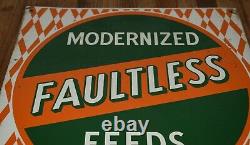 Vintage FAULTLESS MODERNIZED FARM FEEDS Tin Metal Advertising SIGN