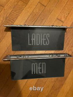 Vintage Glass Bathroom Sign Ladies Mens Room Flange Tin Bracket Set Art Deco