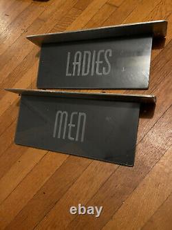 Vintage Glass Bathroom Sign Ladies Mens Room Flange Tin Bracket Set Art Deco