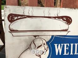Vintage HOT DOG Weiland FRANKS Sold Here! Hog PIG Advertising TIN SIGN