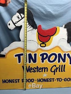 Vintage Hand Painted TIN PONY WESTERN GRILL Sign LARGE 36 x 42
