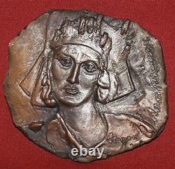 Vintage Handcrafted Woman Head Relief Tin Bronze Art Plaque Signed
