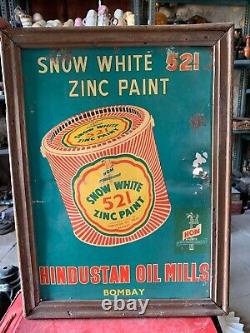 Vintage Hindustan Oil Mills Snow White 521 Zinc Paint Adv. Tin Sign Board Framed