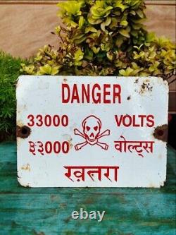 Vintage Indian Collectible Enamel Porcelain 33000 Volts Danger Tin Sign Board