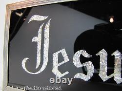 Vintage JESUS CARES Sign Glass Front Foil Design Lettering Deco Tin Bevel Frame