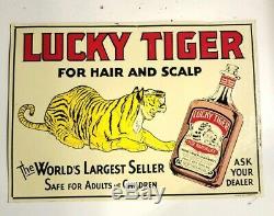 Vintage Lucky Tiger Hair Scalp Dandruff Embossed Tin Sign Shampoo Tonic Barber