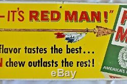 Vintage MAN IT'S RED MAN Advertising Chewing Tobacco Indian Tin Store 15 Sign