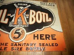 Vintage MIL K Botl Orange Soda Pop Farm Dairy Milk 5 Cent Tin Advertising Sign