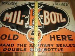 Vintage MIL K Botl Orange Soda Pop Farm Dairy Milk 5 Cent Tin Advertising Sign
