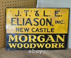 Vintage MORGAN WOODWORK TIN TACKER SIGN ELIASON INC NEW CASTLE PA 20 x 14