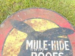 Vintage MULE HIDE ROOFS TIN METAL ROUND FARM ANIMAL ADVERTISING SIGN